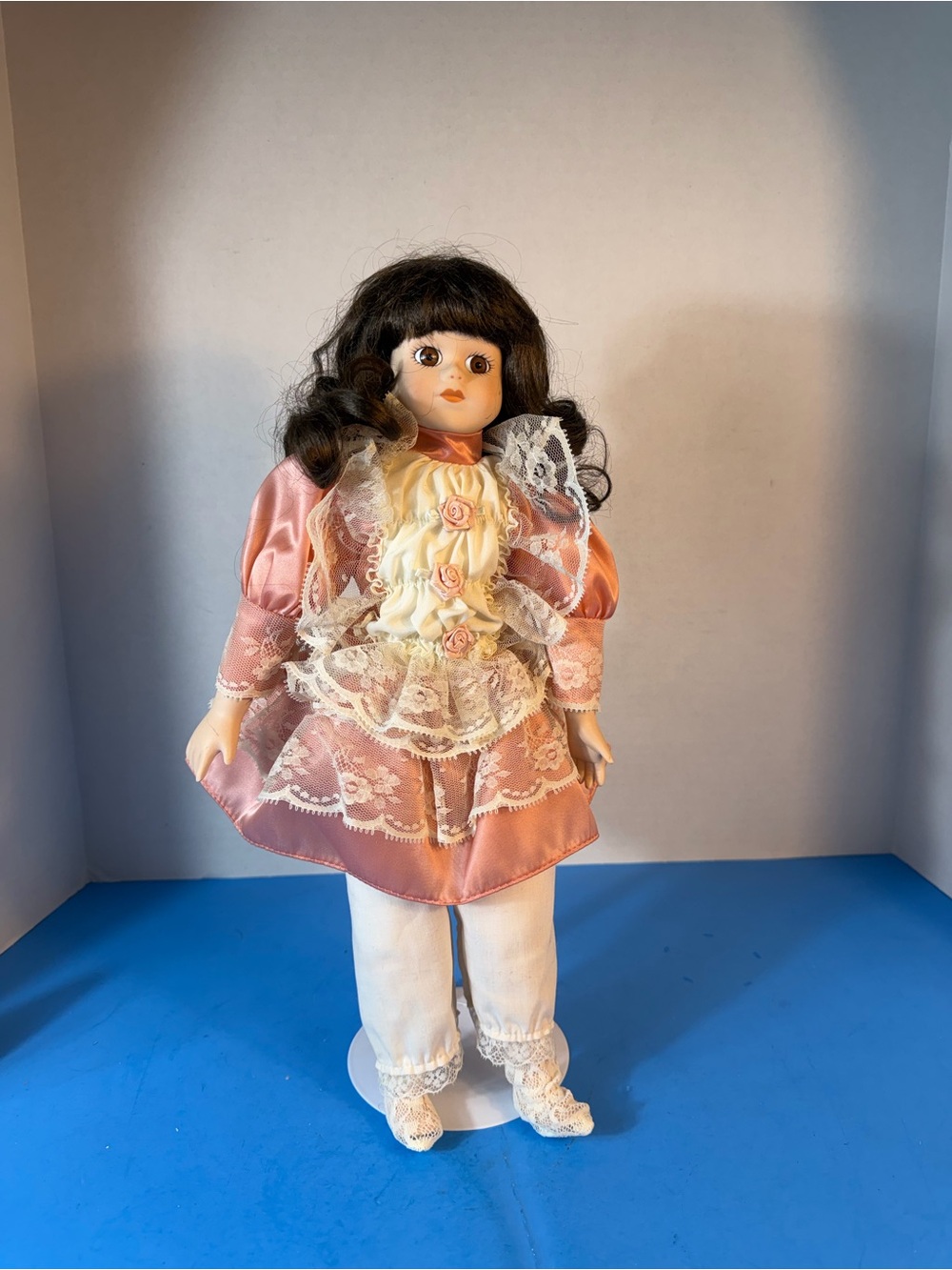 Porcelain Collector Doll in Pink and Cream Lace Outfit